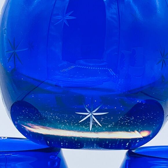 Cobalt Blue Starburst Etched Stars Glittery Glass Votive Candle Holder Poland - Picture 10 of 12